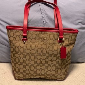 Coach tan fabric with red leather shoulder bag